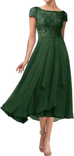 Tea Length Mother of The Bride Dresses for Wedding Lace Wedding Guest Dresses for Women Applique Ruffles Cap Sleeve