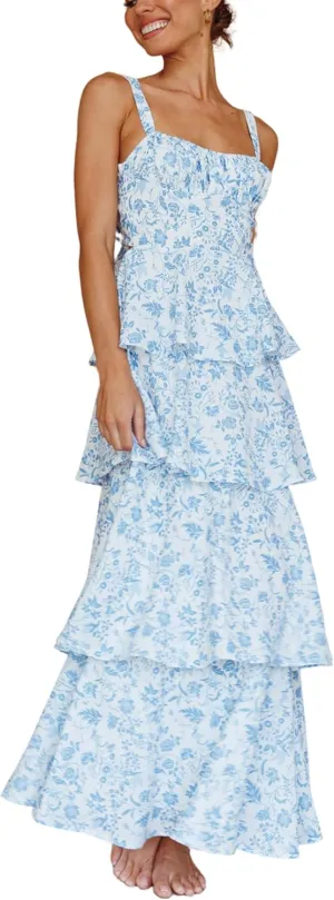 Thopavenoir Women's Boho Tie-up Front Maxi Dress Y2k Floral Print Sleeveless Long Dresses 2025 Smocked Summer Beach Sundress