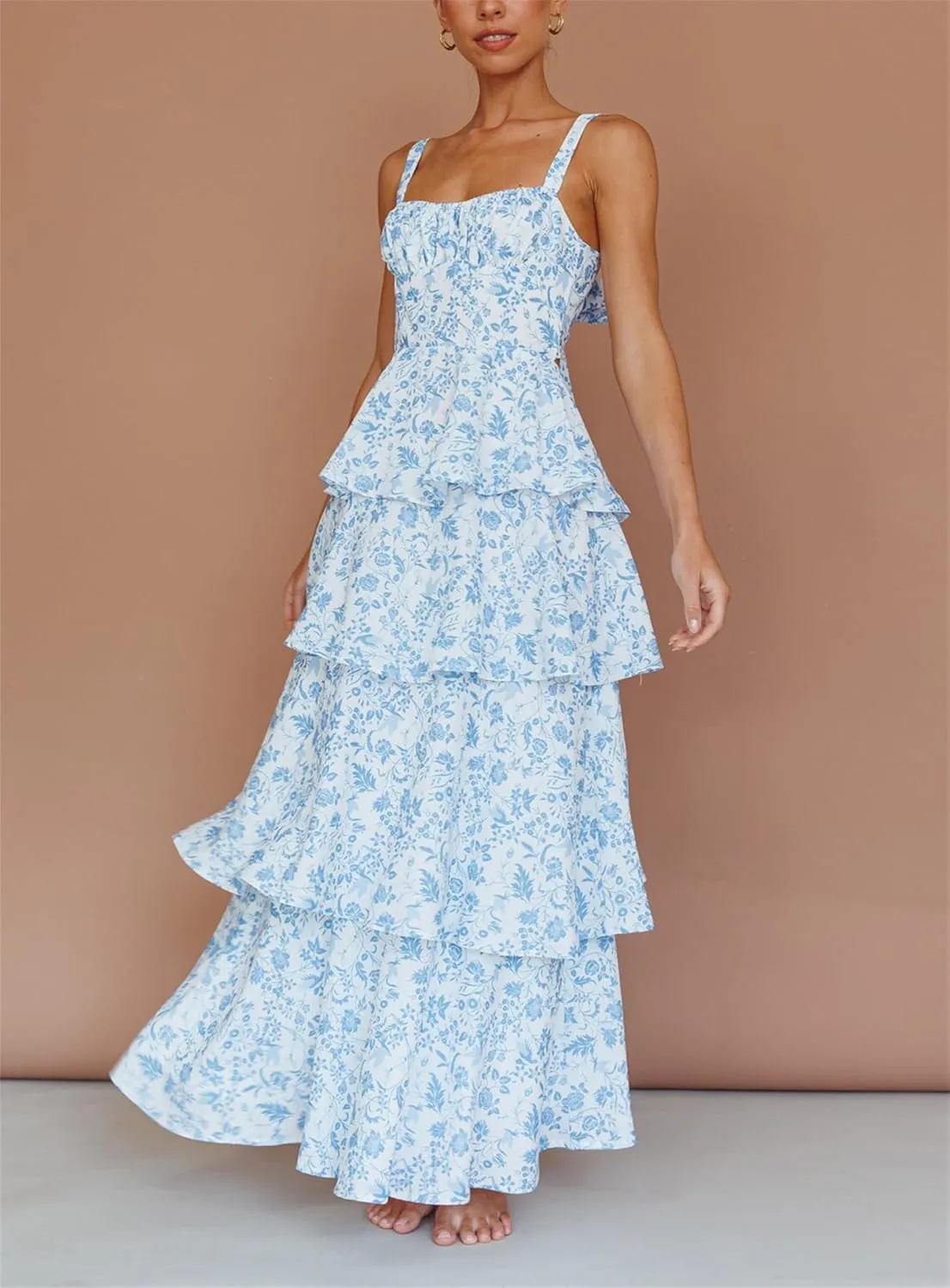 Thopavenoir Women's Boho Tie-up Front Maxi Dress Y2k Floral Print Sleeveless Long Dresses 2025 Smocked Summer Beach Sundress