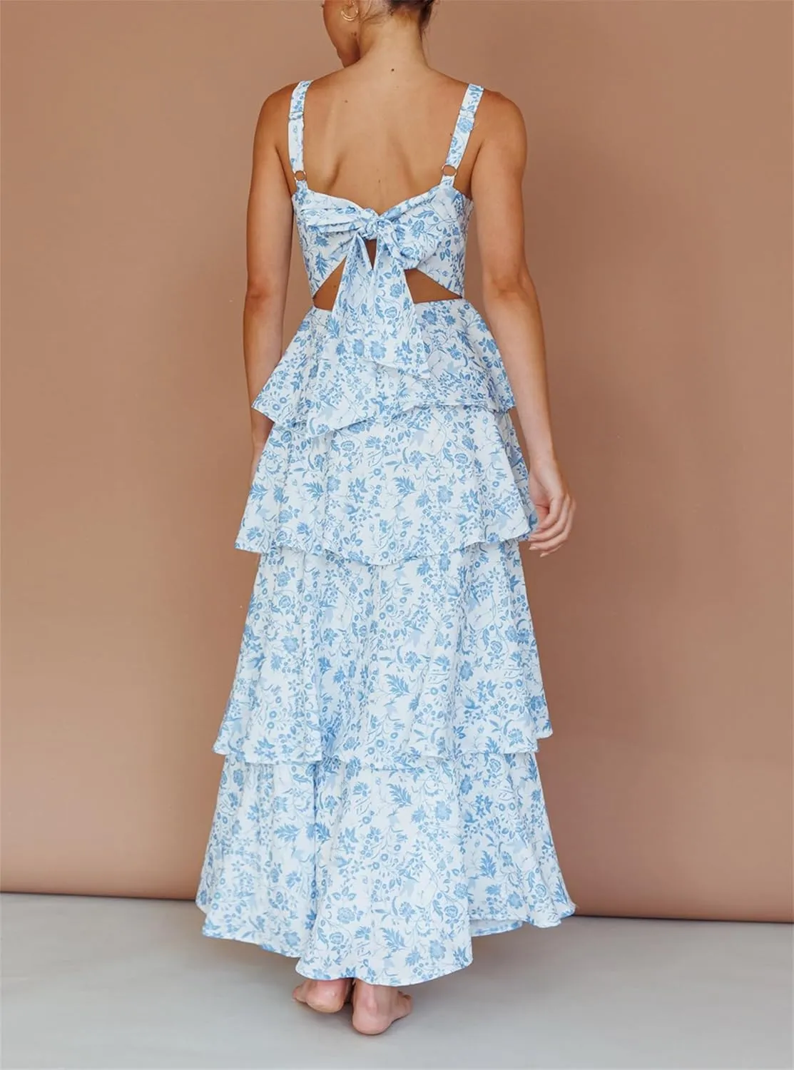 Thopavenoir Women's Boho Tie-up Front Maxi Dress Y2k Floral Print Sleeveless Long Dresses 2025 Smocked Summer Beach Sundress
