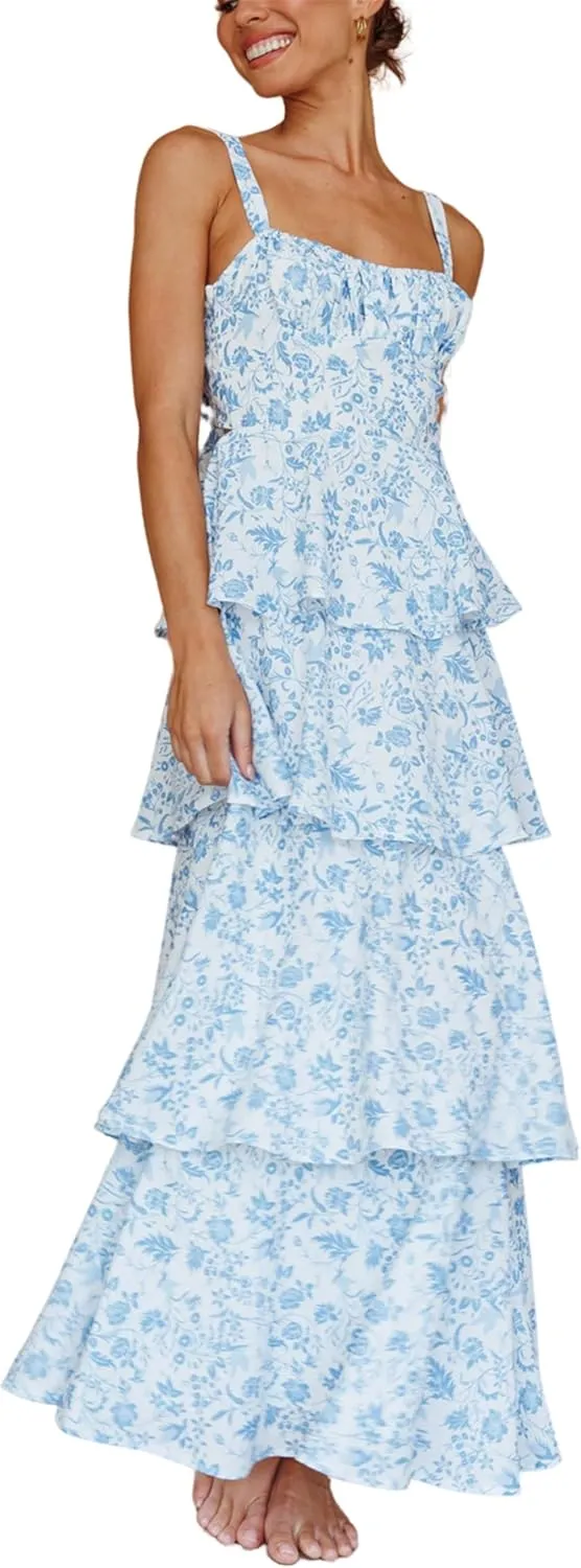 Thopavenoir Women's Boho Tie-up Front Maxi Dress Y2k Floral Print Sleeveless Long Dresses 2025 Smocked Summer Beach Sundress