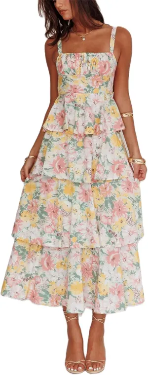 Thopavenoir Women's Boho Tie-up Front Maxi Dress Y2k Floral Print Sleeveless Long Dresses 2025 Smocked Summer Beach Sundress