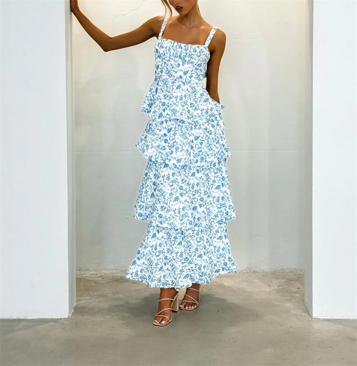 Thopavenoir Women's Boho Tie-up Front Maxi Dress Y2k Floral Print Sleeveless Long Dresses 2025 Smocked Summer Beach Sundress
