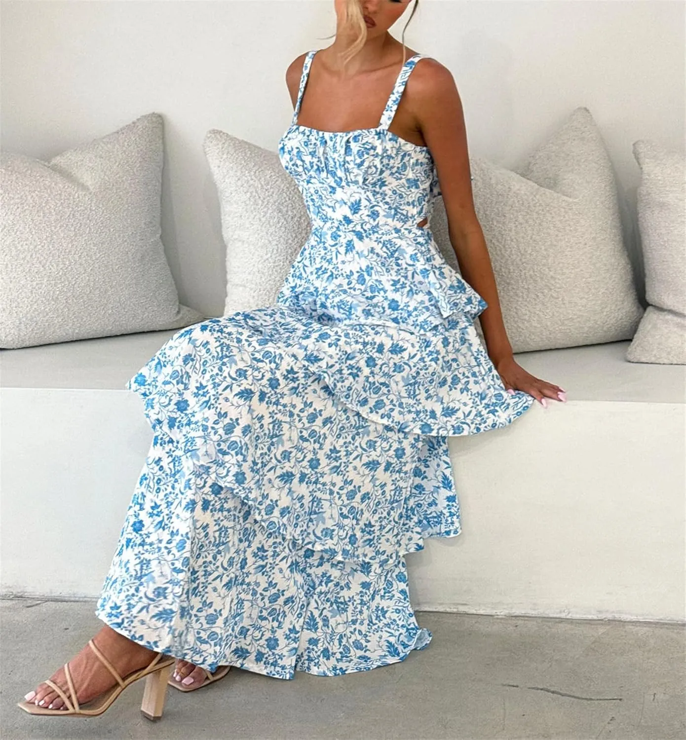 Thopavenoir Women's Boho Tie-up Front Maxi Dress Y2k Floral Print Sleeveless Long Dresses 2025 Smocked Summer Beach Sundress