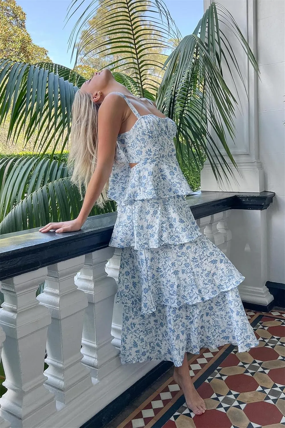 Thopavenoir Women's Boho Tie-up Front Maxi Dress Y2k Floral Print Sleeveless Long Dresses 2025 Smocked Summer Beach Sundress