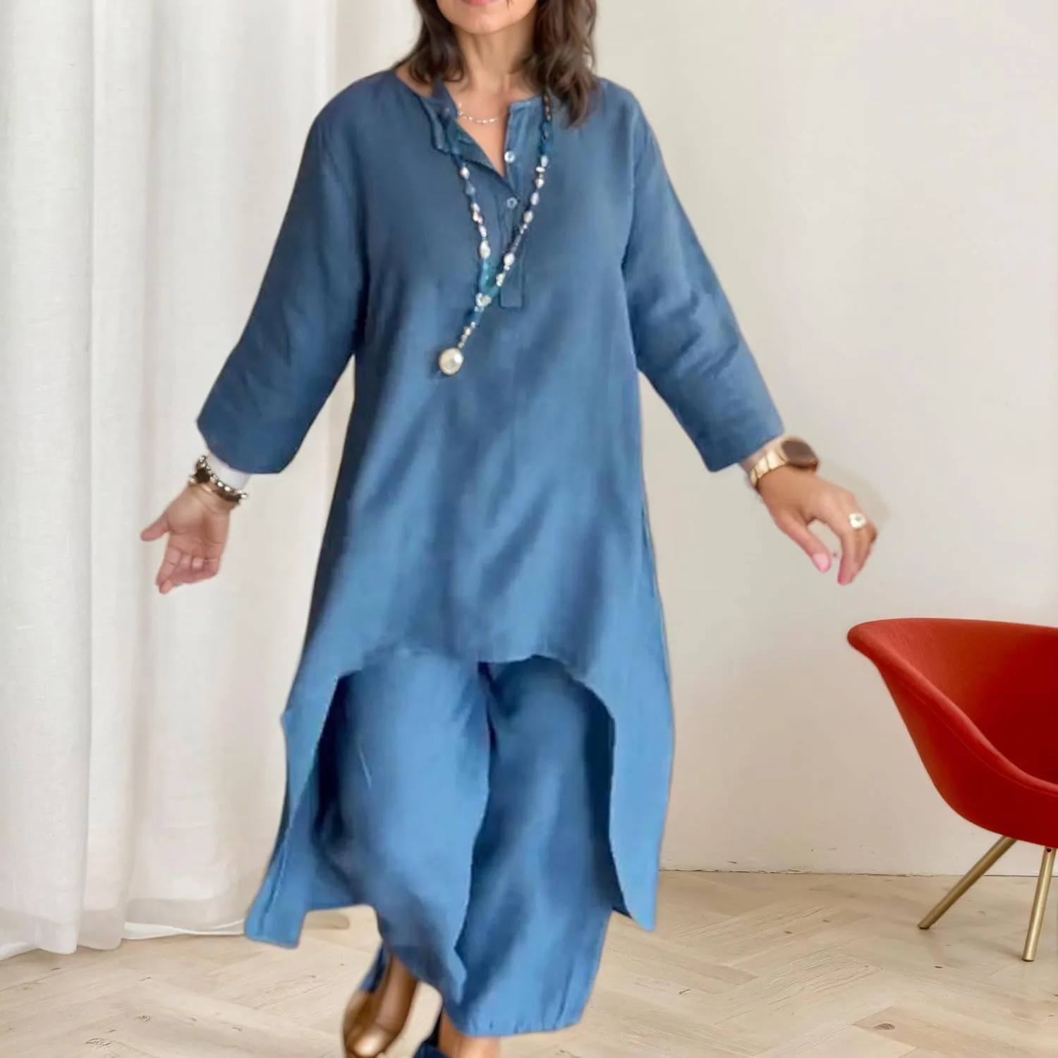 TIAFORD Women 2 Piece Linen Set Solid Color Long Sleeve Irregular Hem Top and Wide Leg Pants Trousers Suits