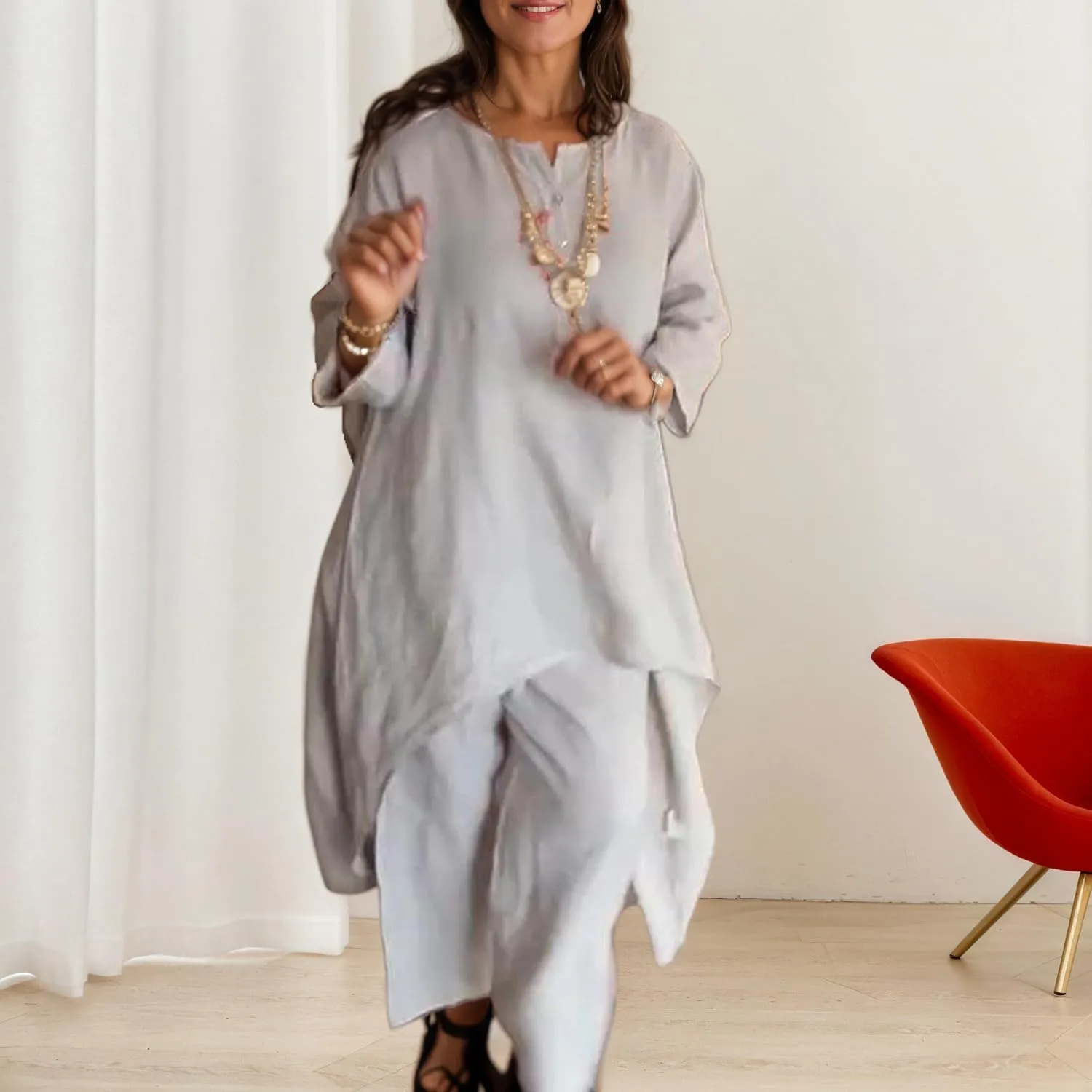 TIAFORD Women 2 Piece Linen Set Solid Color Long Sleeve Irregular Hem Top and Wide Leg Pants Trousers Suits