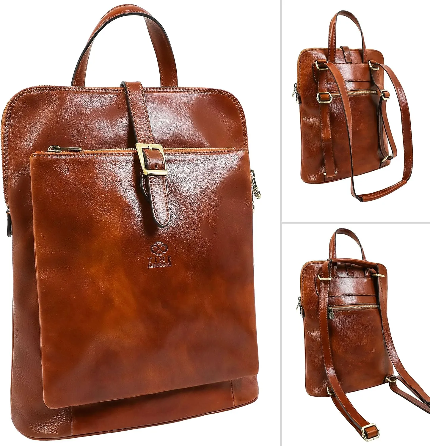 Time Resistance Leather Backpack - Convertible to Shoulder Bag - Full Grain Real Leather Travel Rucksack for Women (Cognac Brown)