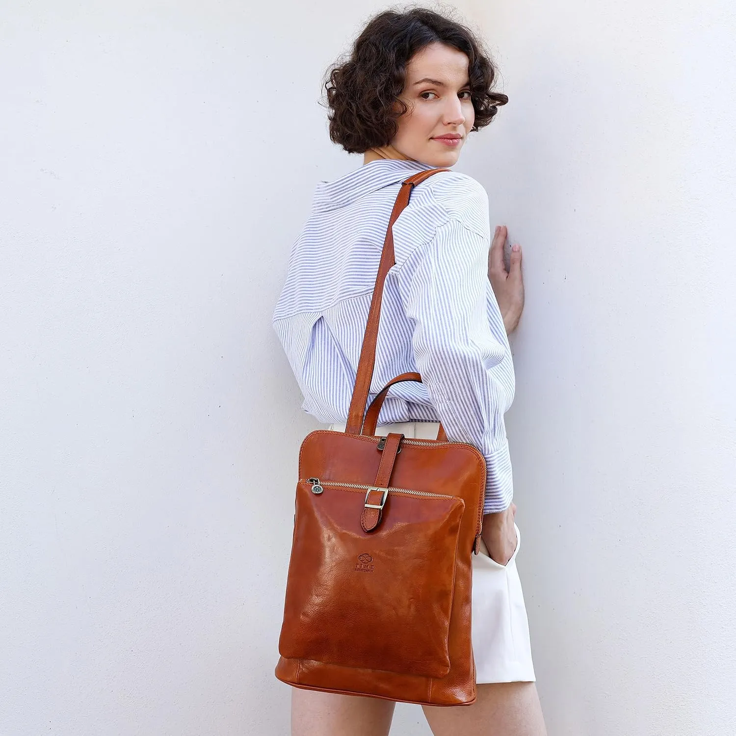 Time Resistance Leather Backpack - Convertible to Shoulder Bag - Full Grain Real Leather Travel Rucksack for Women (Cognac Brown)
