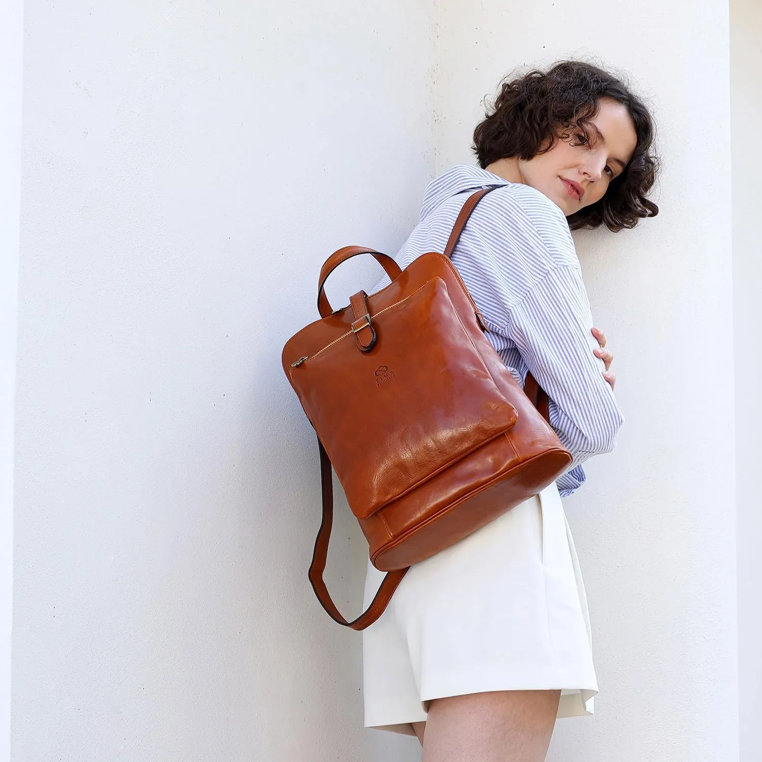 Time Resistance Leather Backpack - Convertible to Shoulder Bag - Full Grain Real Leather Travel Rucksack for Women (Cognac Brown)