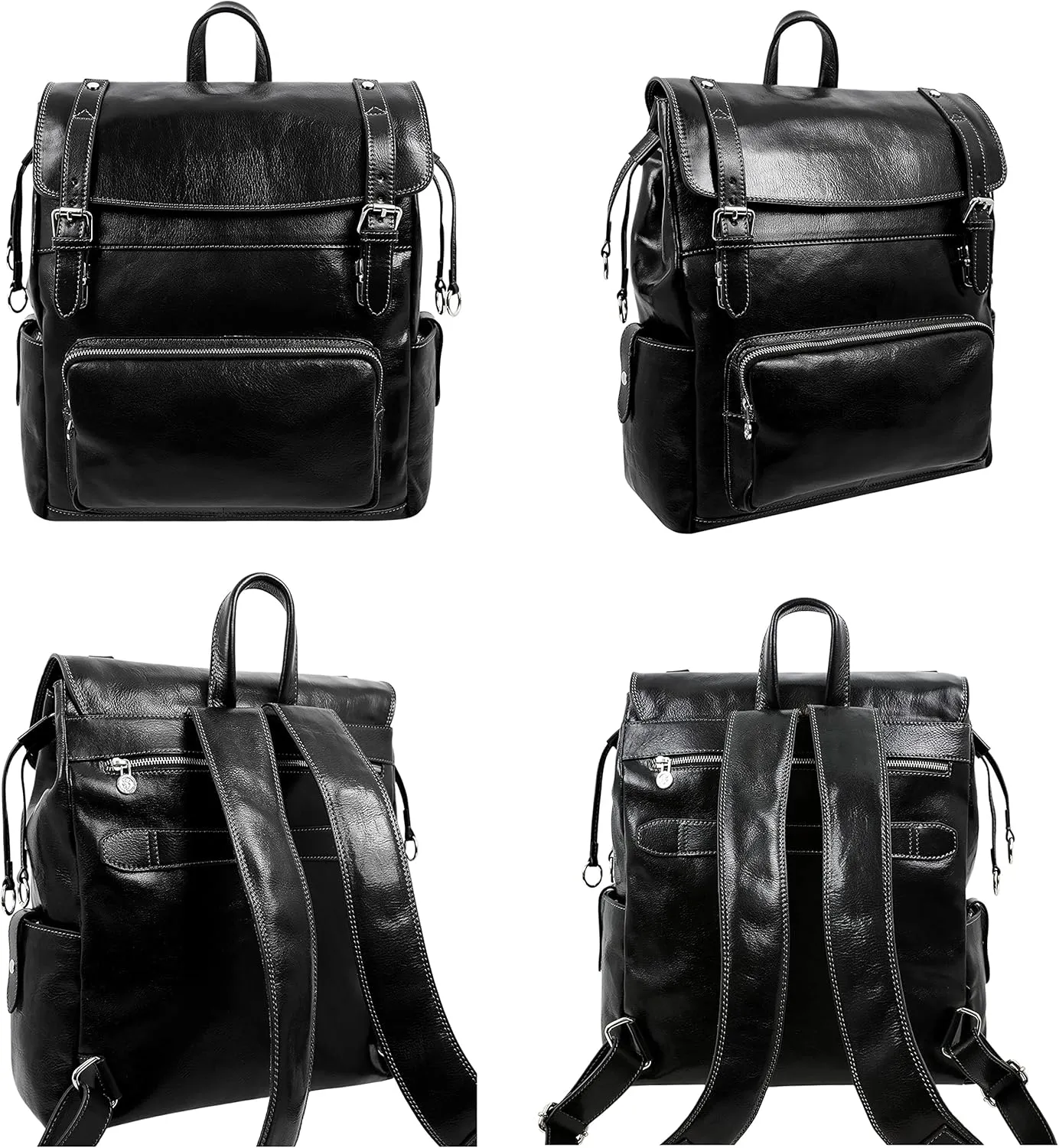 Time Resistance Leather Backpack - Full Grain Real Leather Travel Bag and Carry-On Rucksack (Black)