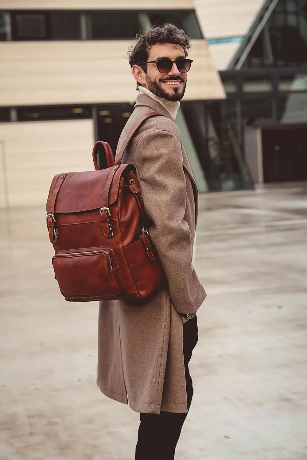 Time Resistance Leather Backpack - Full Grain Real Leather Travel Bag and Carry-On Rucksack (Cognac Brown)