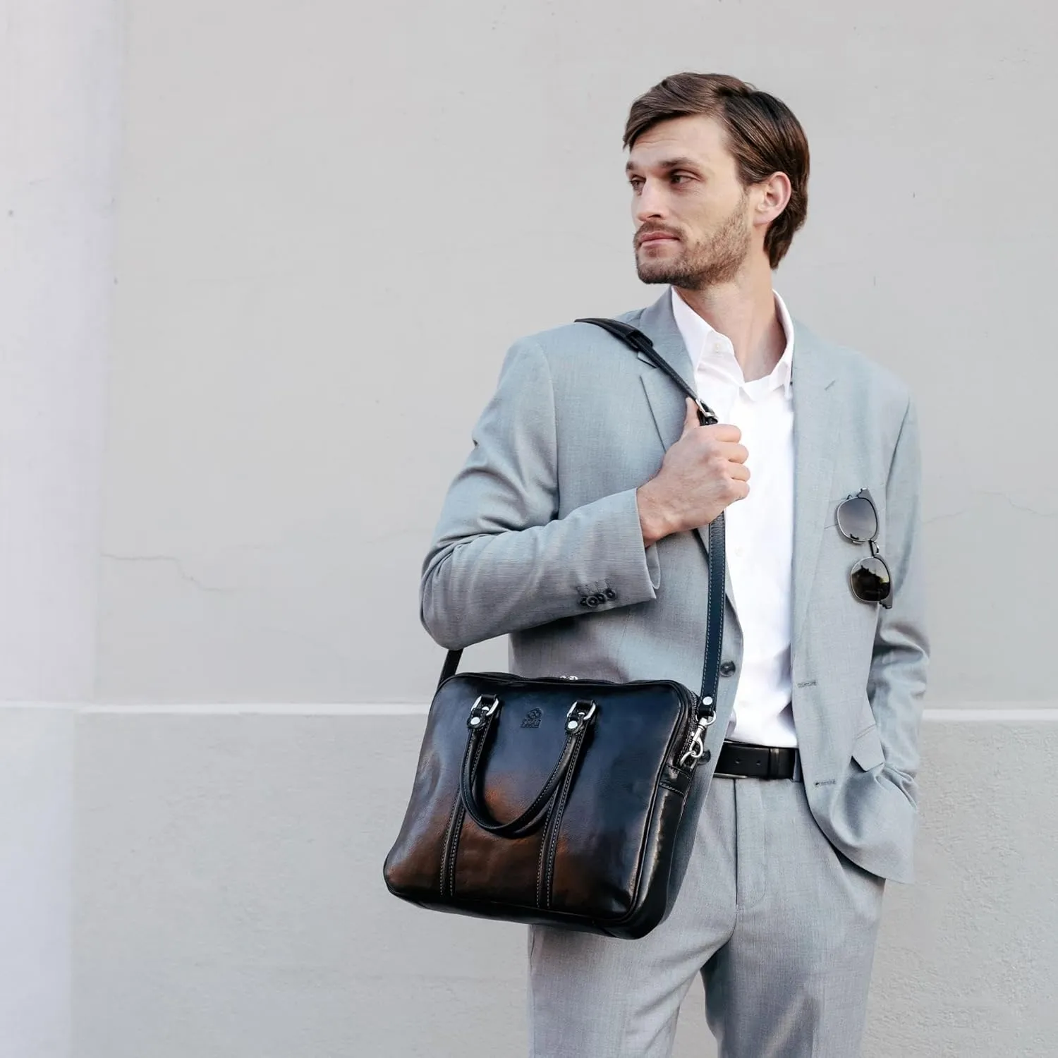 Time Resistance Leather Briefcase - Italian Full Grain Leather Bag - Genuine Leather Laptop Bag - Briefcase for Men and Women
