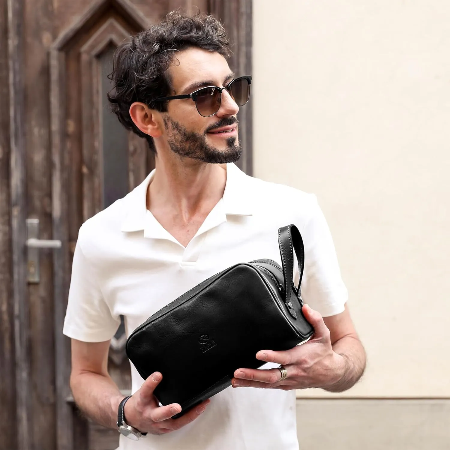 Time Resistance Leather Cosmetic Bag Toiletry Italian Classy Dopp Kit