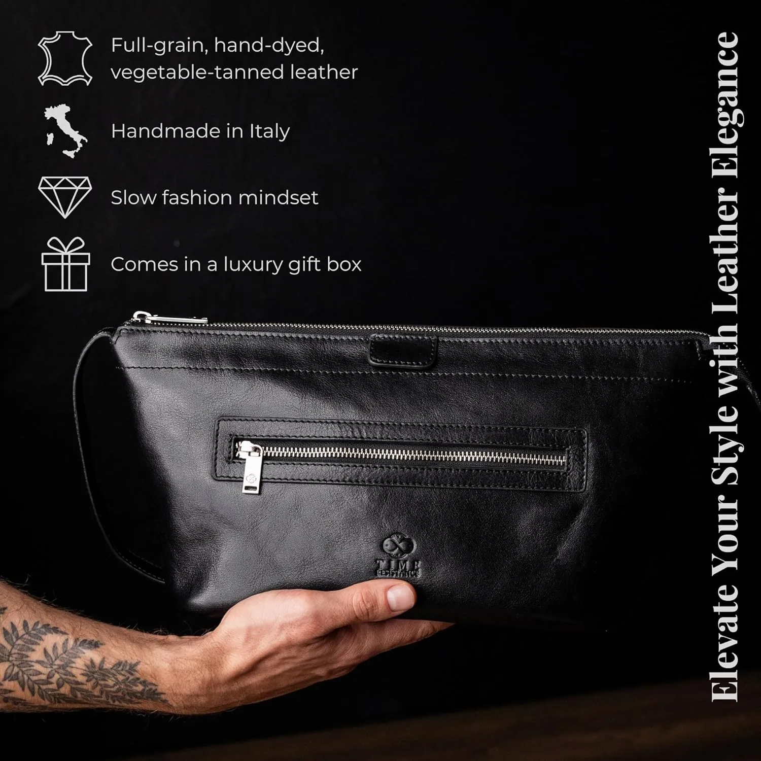 Time Resistance Leather Toiletry Bag - Dopp Kit, Full-grain Leather Cosmetic Case, Wash Bag (Black)