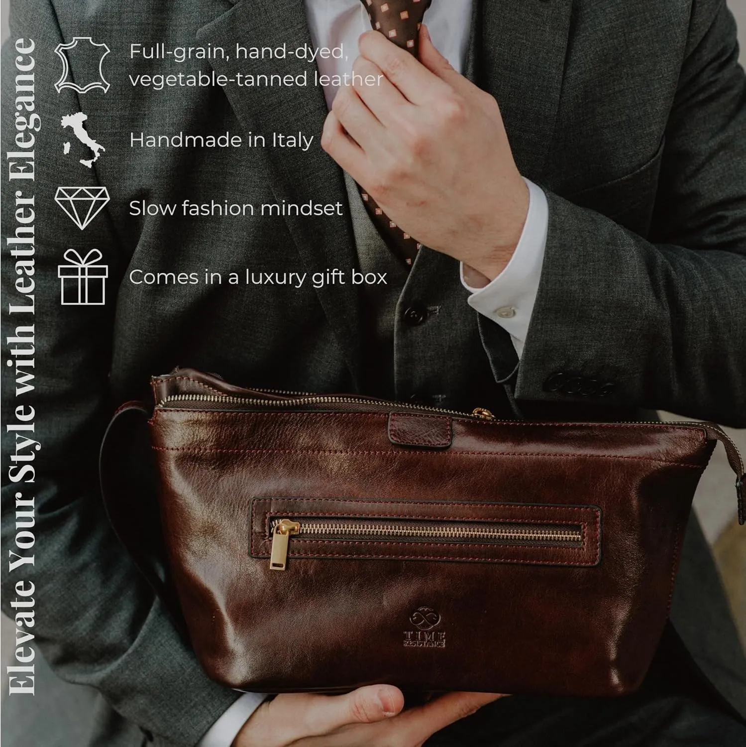 Time Resistance Leather Toiletry Bag - Dopp Kit, Full-grain Leather Cosmetic Case, Wash Bag (Brown)