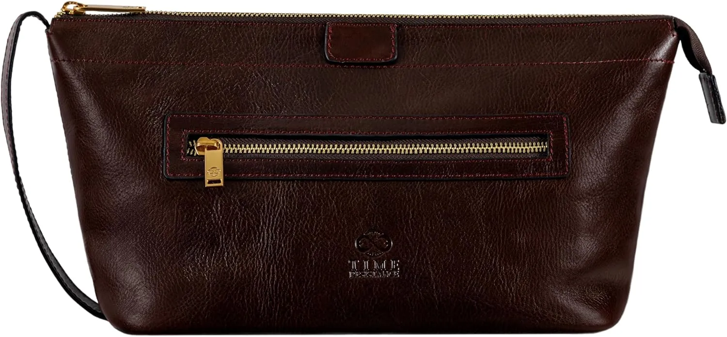 Time Resistance Leather Toiletry Bag - Dopp Kit, Full-grain Leather Cosmetic Case, Wash Bag (Brown)