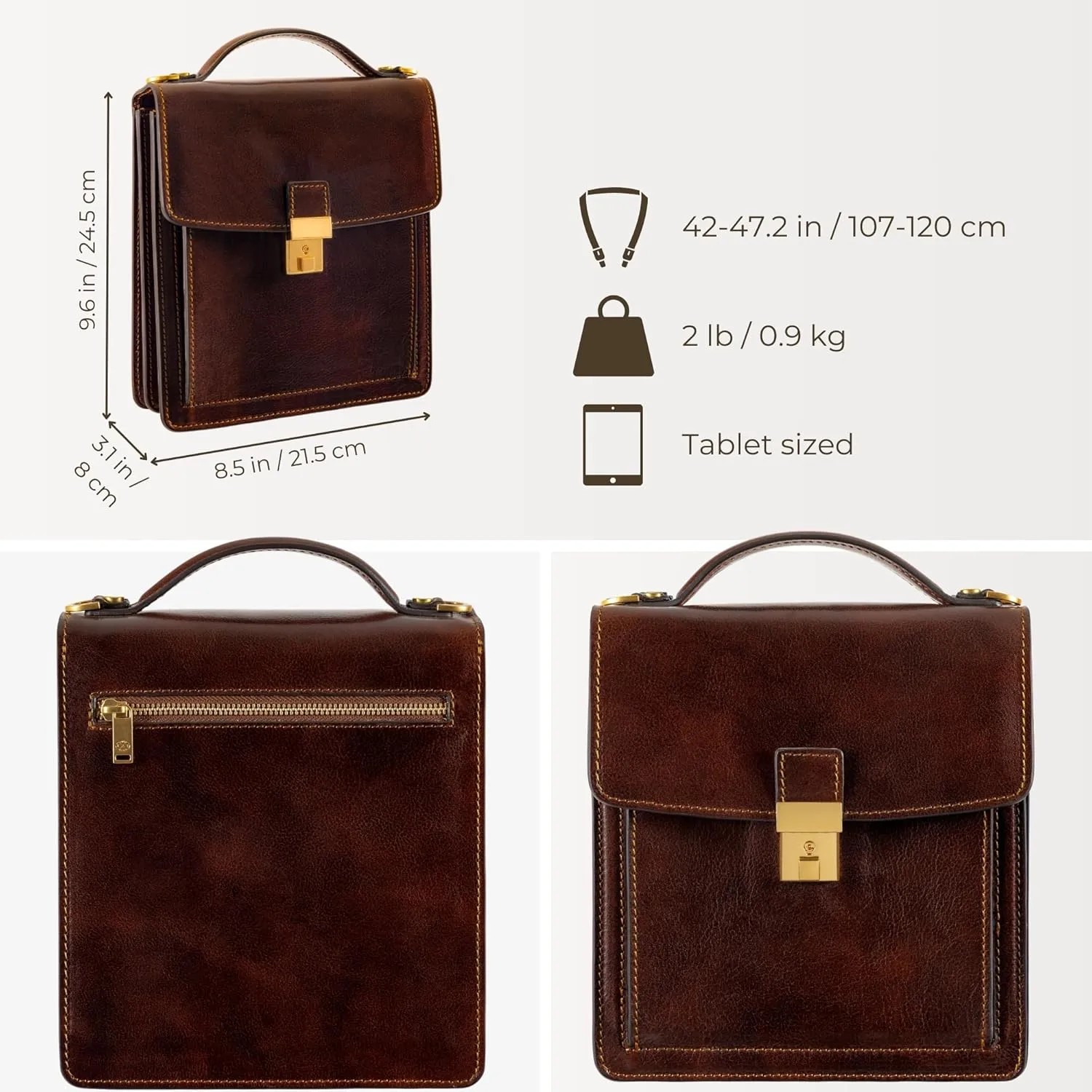 Time Resistance Small Leather Briefcase for Men - Crossbody Bag - Italian Leather Messenger Bag - Gift Box Included