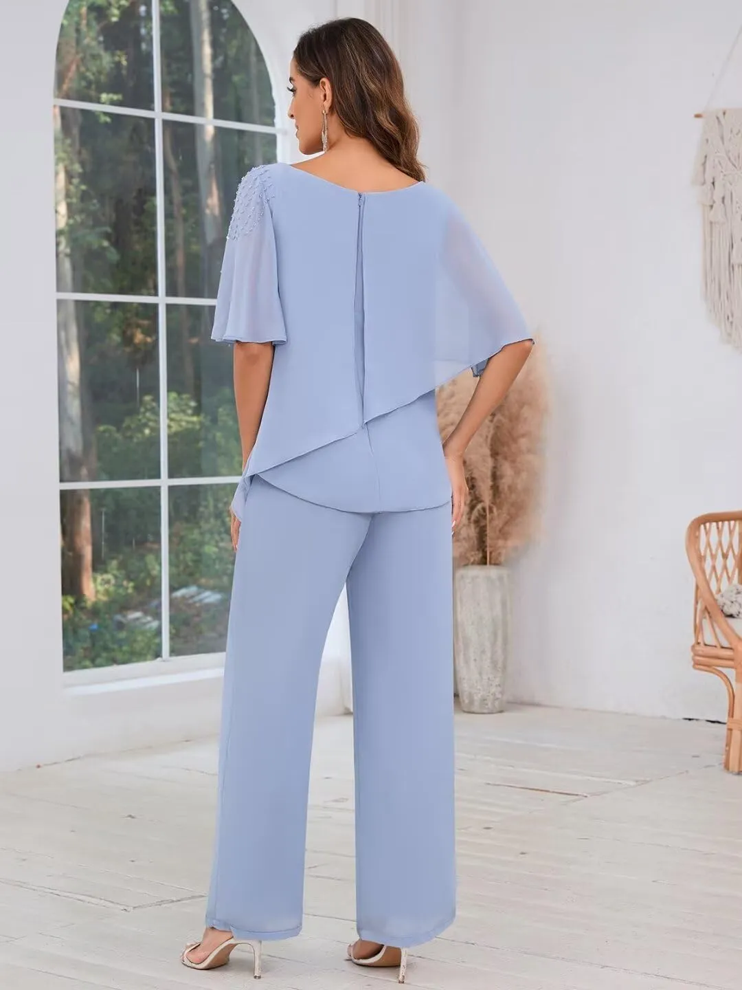 TORYEMY Mother of The Bride Pant Suits for Wedding Chiffon Short Sleeve Formal Evening Outfit with Bead