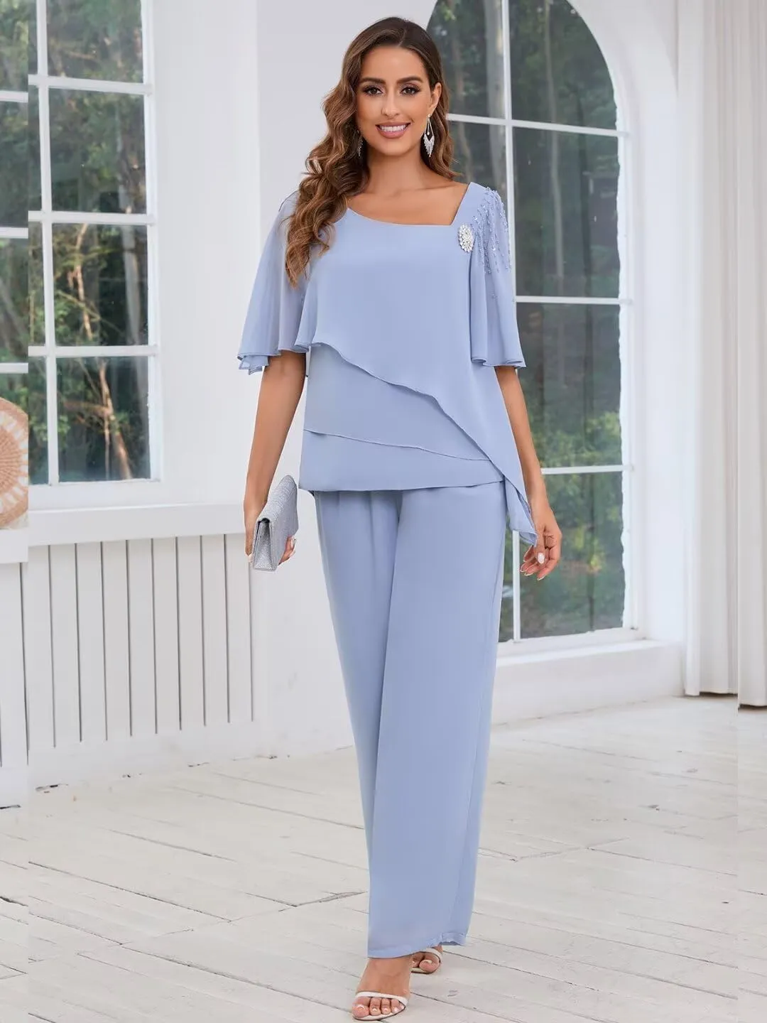 TORYEMY Mother of The Bride Pant Suits for Wedding Chiffon Short Sleeve Formal Evening Outfit with Bead