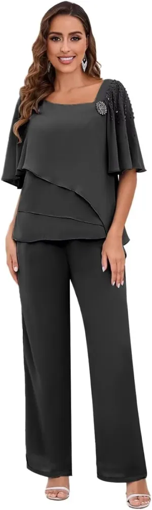 TORYEMY Mother of The Bride Pant Suits for Wedding Chiffon Short Sleeve Formal Evening Outfit with Bead