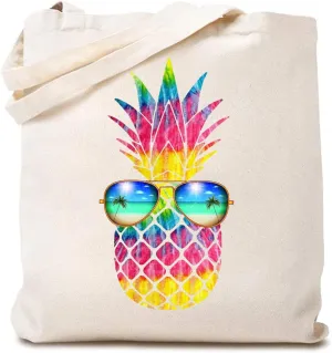 TSIIUO Pineapple Sunglasses Canvas Tote Bag Women Summer Trip Handbag Beach Vacation Reusable Shopping Bag Funny Gift