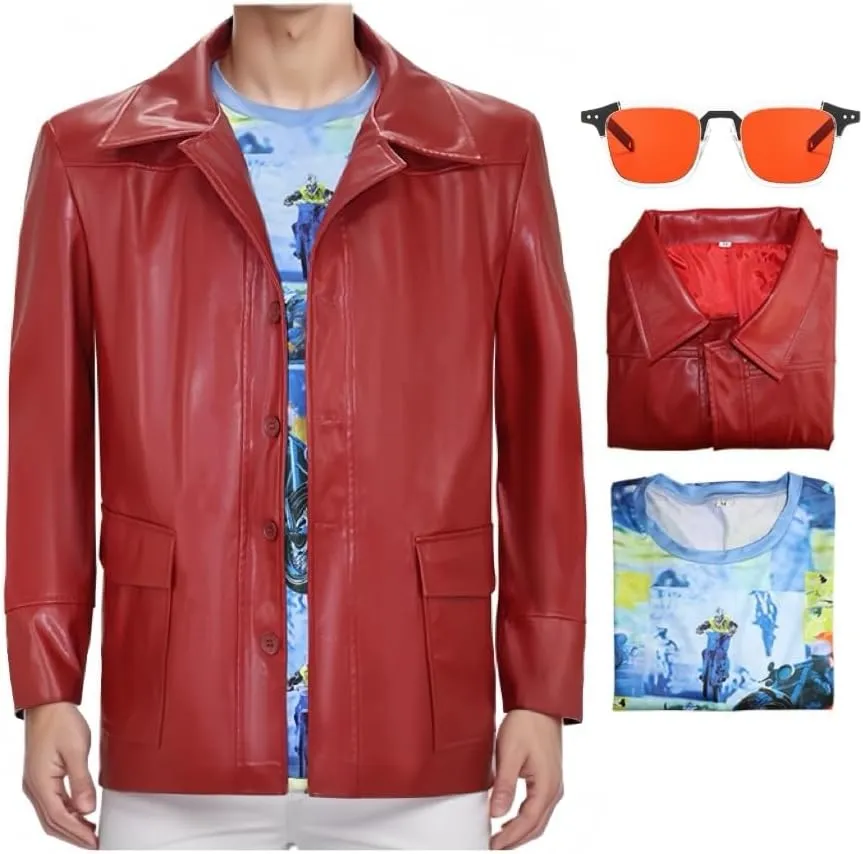 Tyler Durden Jacket Mens Fighting Club Racer Style Red Leather Coat with Shirt Sunglasses Outfit for Halloween