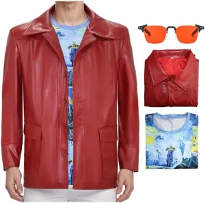 Tyler Durden Jacket Mens Fighting Club Racer Style Red Leather Coat with Shirt Sunglasses Outfit for Halloween