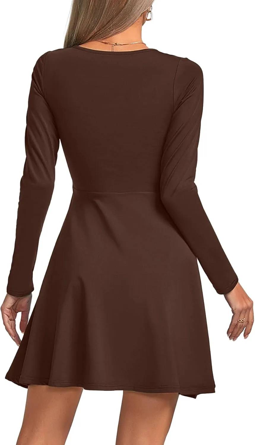 Umenlele Women's Scoop Neck Long Sleeve Dresses Casual Flowy Swing Mini Short Wrap Skater Dress
