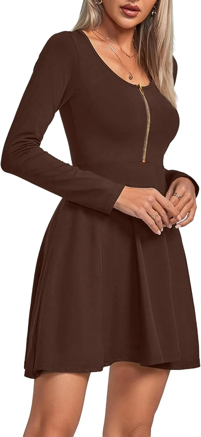 Umenlele Women's Scoop Neck Long Sleeve Dresses Casual Flowy Swing Mini Short Wrap Skater Dress