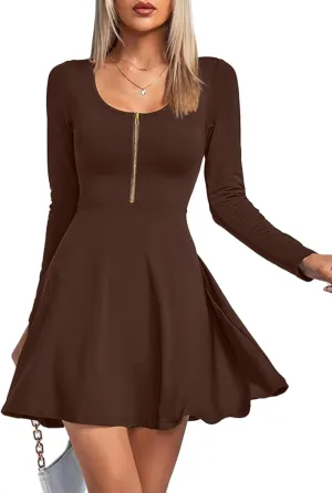 Umenlele Women's Scoop Neck Long Sleeve Dresses Casual Flowy Swing Mini Short Wrap Skater Dress