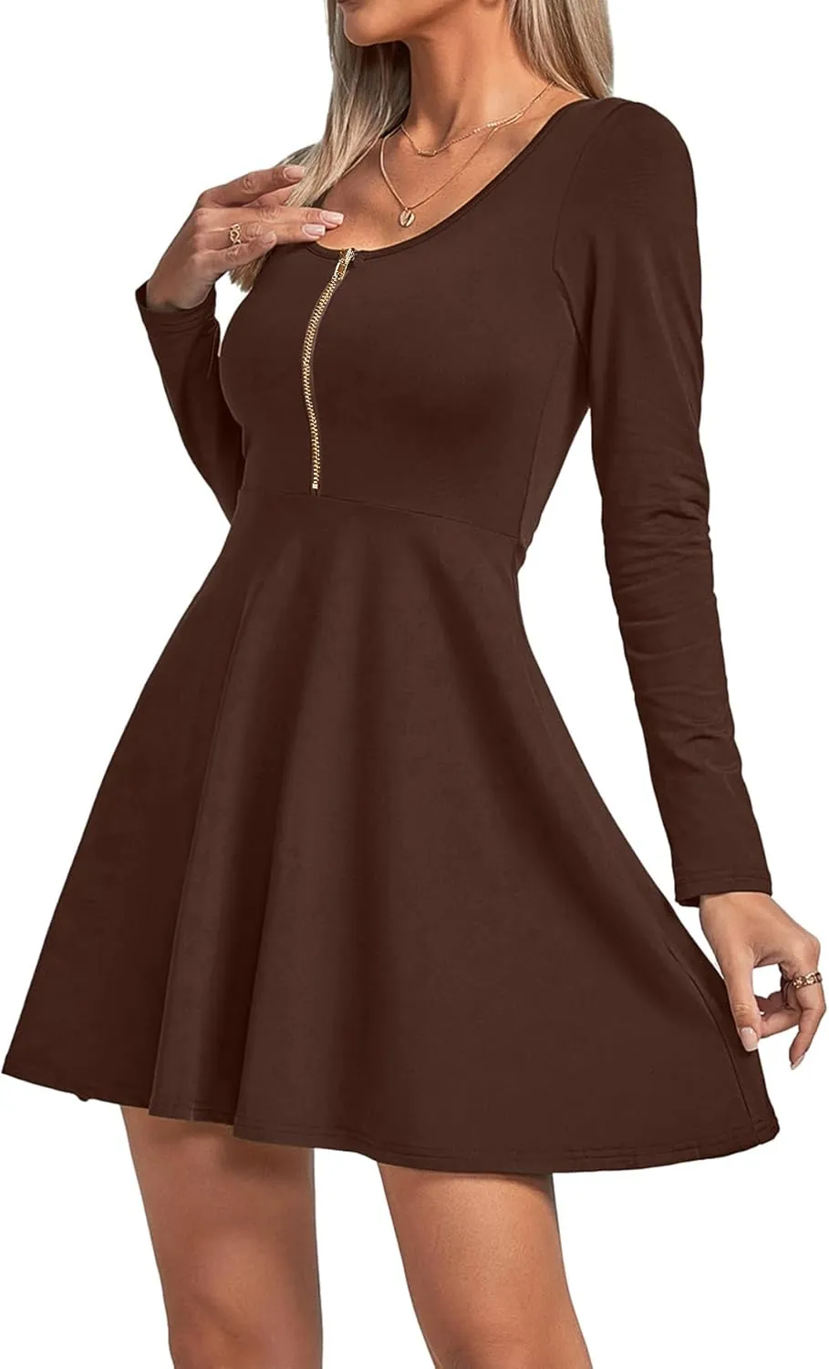 Umenlele Women's Scoop Neck Long Sleeve Dresses Casual Flowy Swing Mini Short Wrap Skater Dress