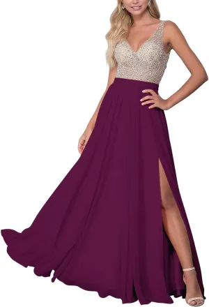V-Neck Chiffon Prom Dresses for Women Ball Gown Sexy Backless Evening Gowns with Slit for Wedding Party Beaded