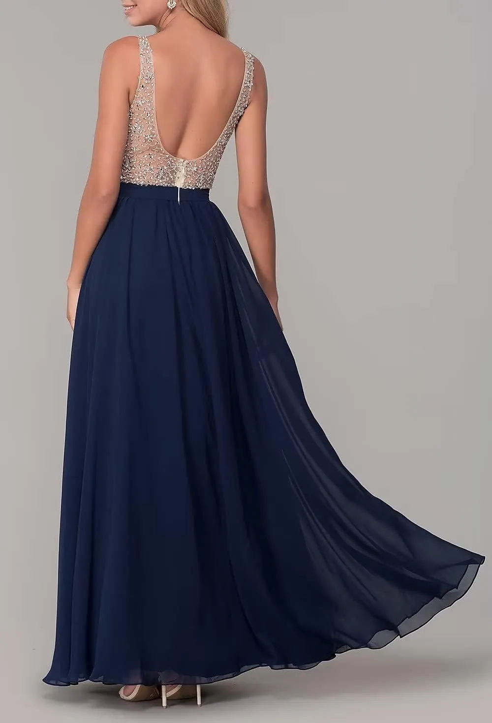 V-Neck Chiffon Prom Dresses for Women Ball Gown Sexy Backless Evening Gowns with Slit for Wedding Party Beaded