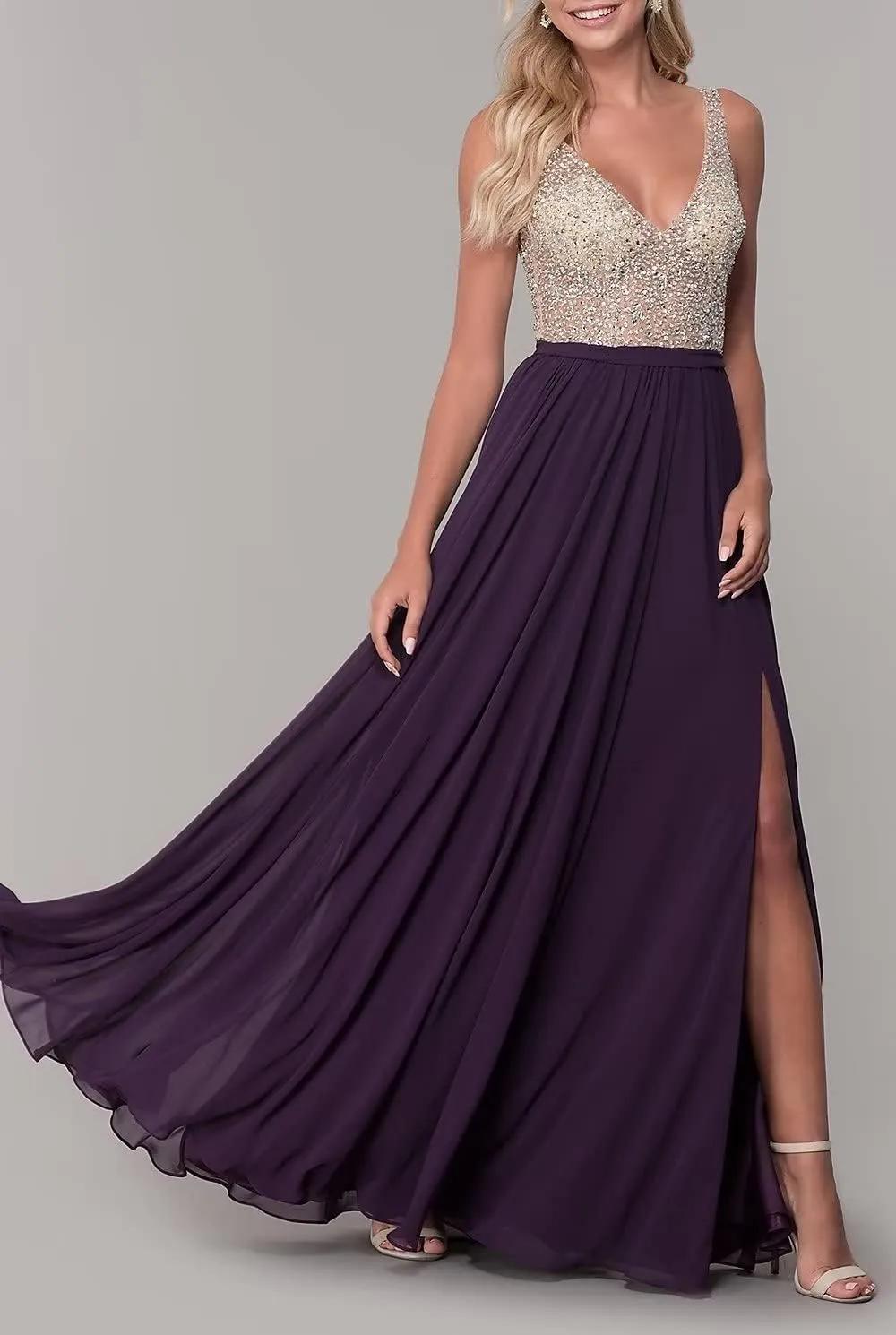 V-Neck Chiffon Prom Dresses for Women Ball Gown Sexy Backless Evening Gowns with Slit for Wedding Party Beaded
