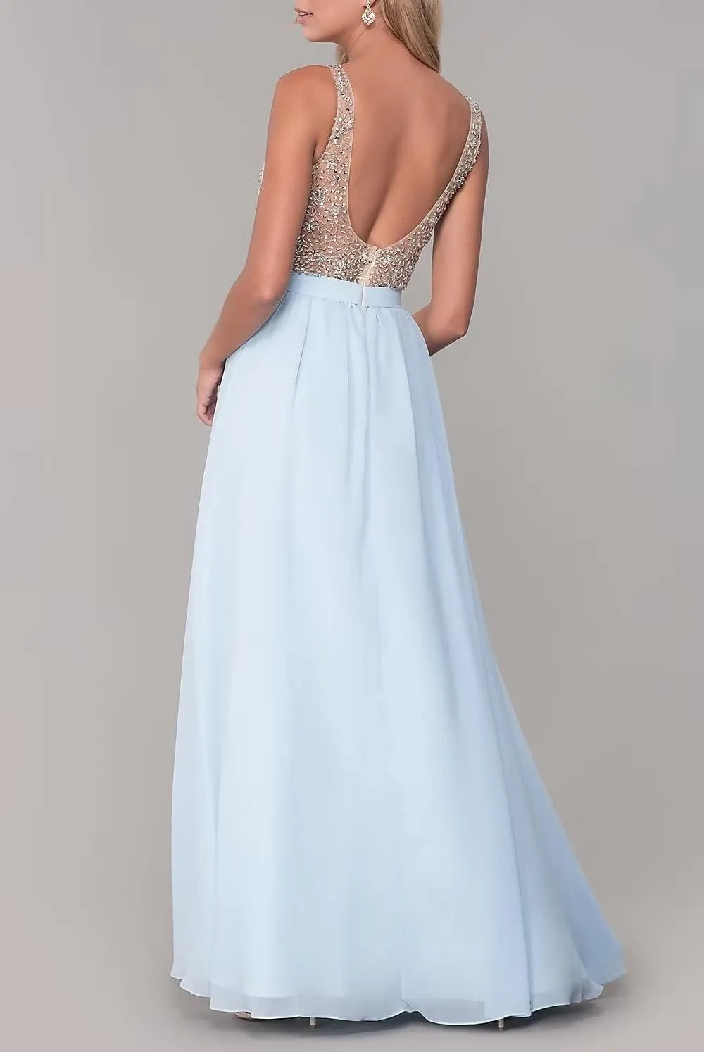 V-Neck Chiffon Prom Dresses for Women Ball Gown Sexy Backless Evening Gowns with Slit for Wedding Party Beaded