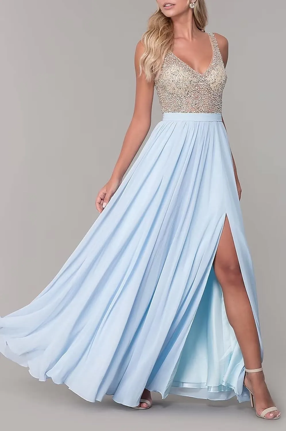 V-Neck Chiffon Prom Dresses for Women Ball Gown Sexy Backless Evening Gowns with Slit for Wedding Party Beaded