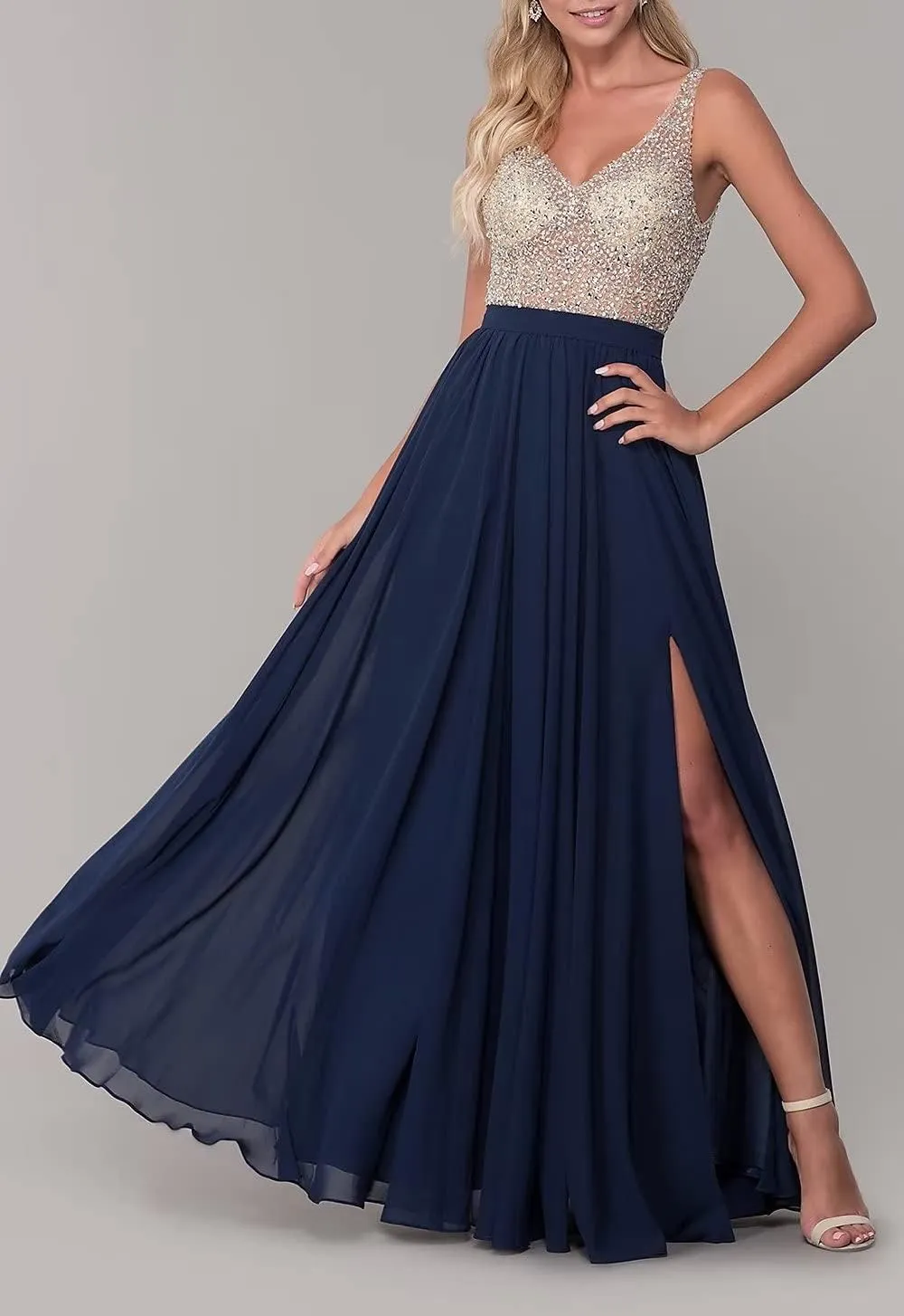V-Neck Chiffon Prom Dresses for Women Ball Gown Sexy Backless Evening Gowns with Slit for Wedding Party Beaded