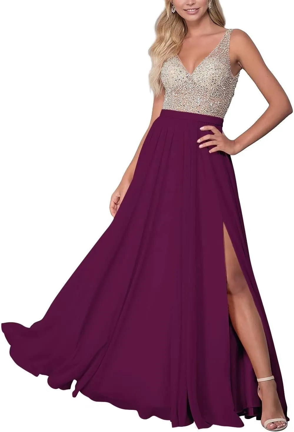 V-Neck Chiffon Prom Dresses for Women Ball Gown Sexy Backless Evening Gowns with Slit for Wedding Party Beaded