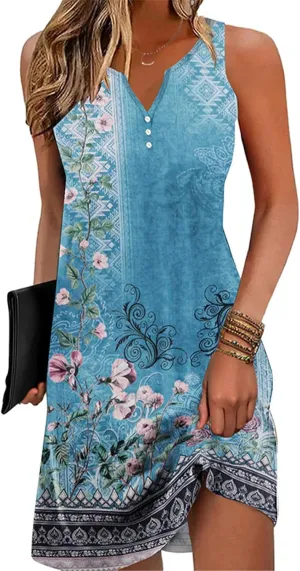 V-Neck Floral Printed Summer A-Line Elegant Dresses Womens Vintage Sleeveless Beach Sundress Ladies Casual Loose Boho Dress