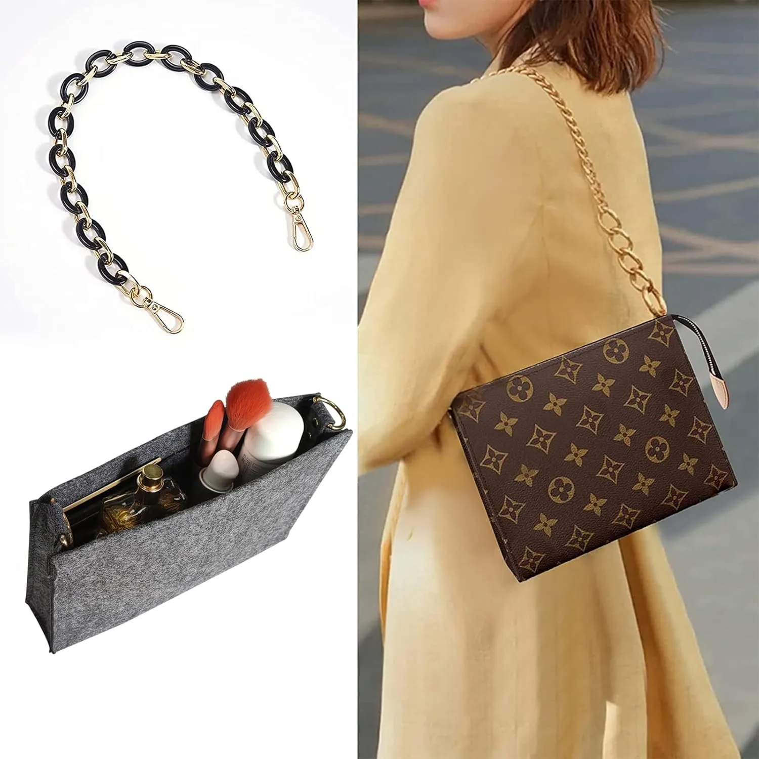 Vercord Felt Purse Insert Organizer LV 26 19 Toiletry Pouch Insert with D Ring Attach Chain Strap