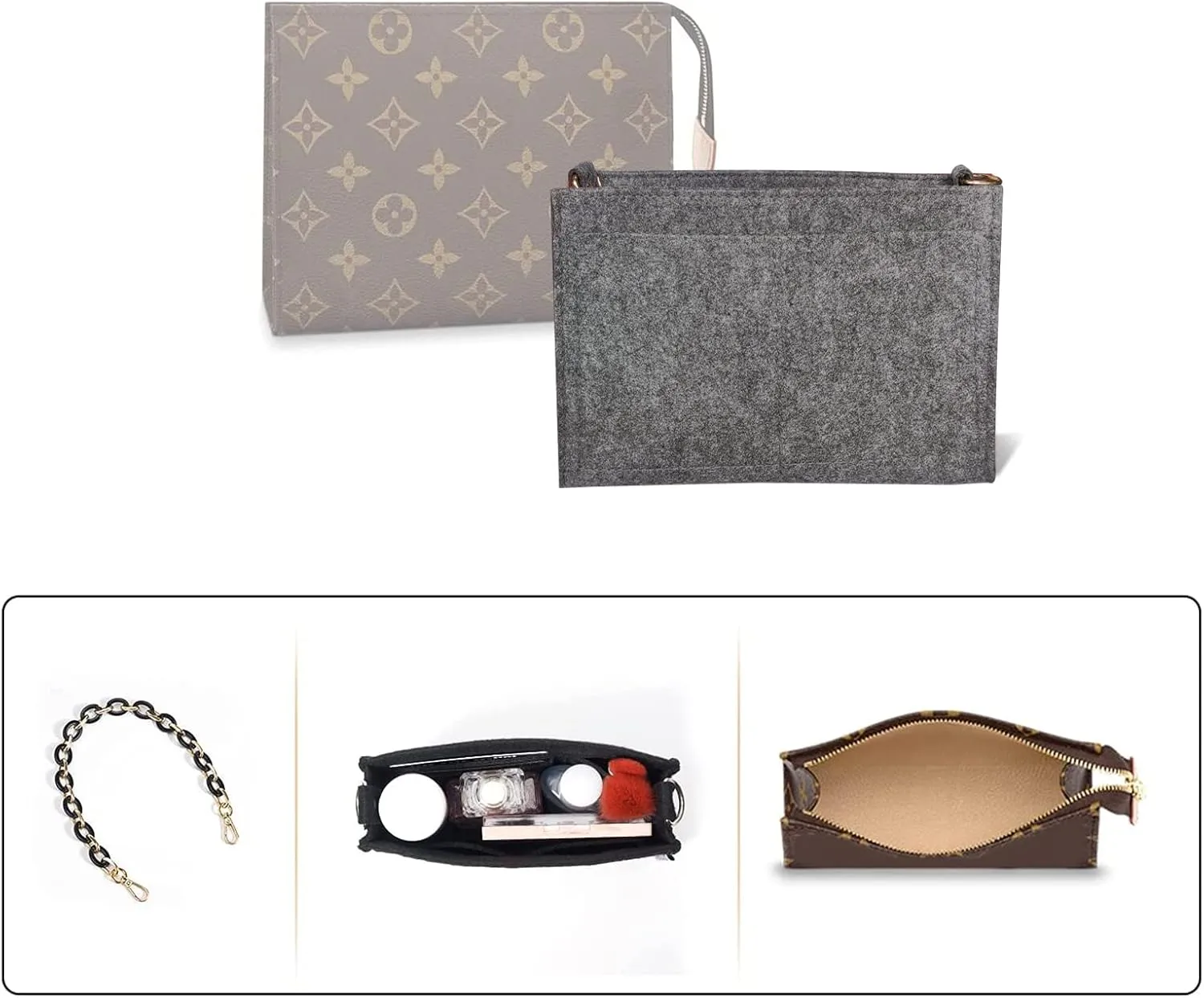 Vercord Felt Purse Insert Organizer LV 26 19 Toiletry Pouch Insert with D Ring Attach Chain Strap