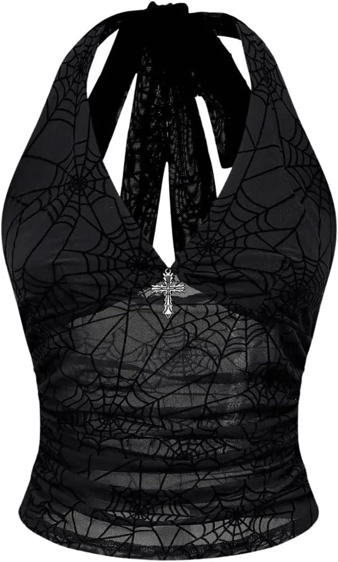 Verdusa Women's Gothic Sexy Halter Top Deep V Mesh Sheer Backless Fitted Crop Going Out Tops