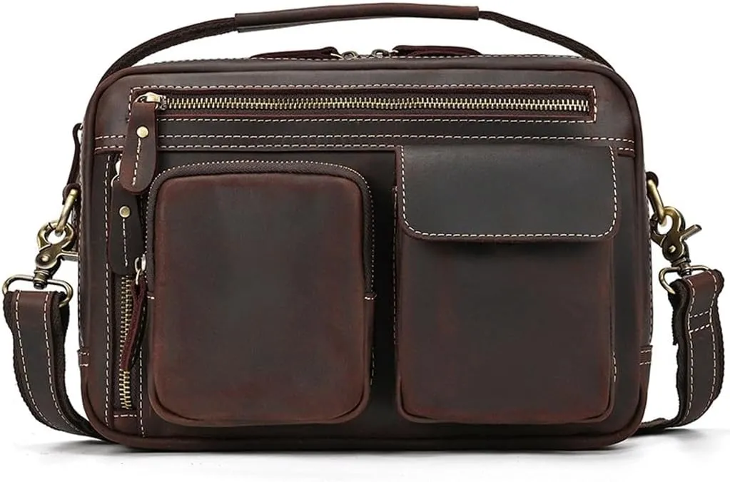 Vintage Shoulder Bag Crazy Horse Leather Skew Bag Flat Tote Large Capacity Backpack