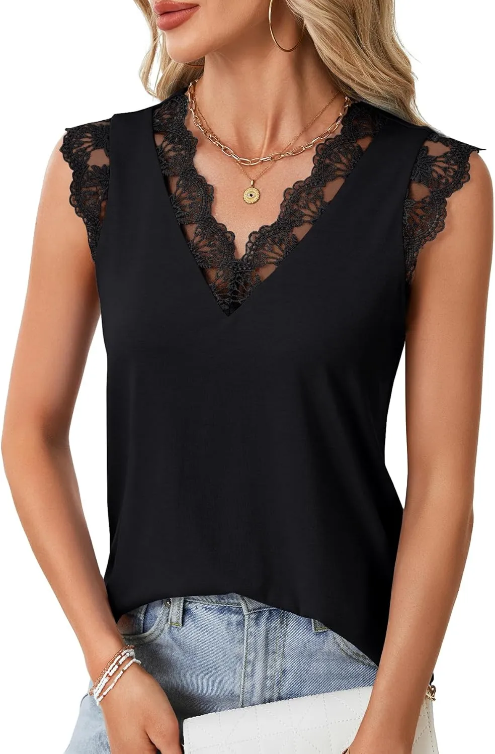 Vrtige Women's Tank Tops V Neck Sleeveless Lace Blouse Casual Vest Summer Camisole Shirts