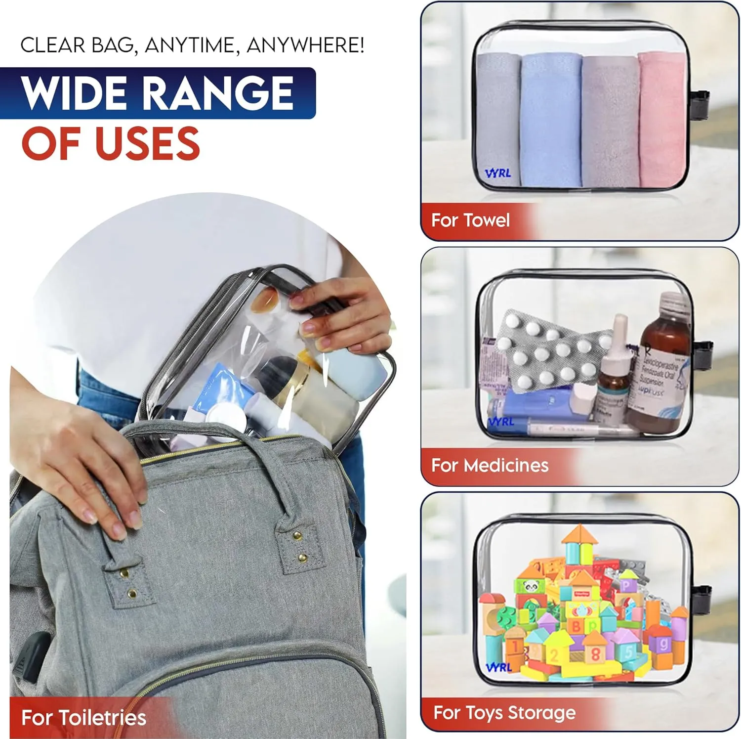 VYRL 2 Pack Clear Makeup Bag - Quart Size 3-1-1 TSA Approved Toiletry Bag with Zipper - Water-Resistant Durable PVC Clear Toiletry pouches for Carry-on Airport Travel Accessories - Black