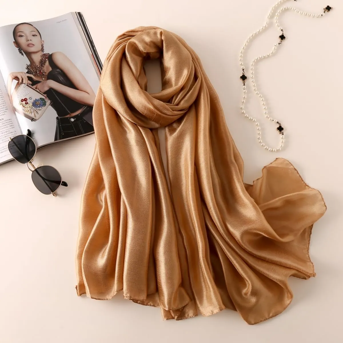 Wander Agio Womens Chiffon Shawl Party Wraps Evening Dress Bridesmaid Long Linen Scarves for Wedding Pearl Gloss Finish