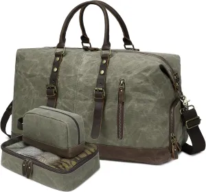 Waxed Canvas Duffel Bag for Travel: Leather Weekender Bag Vintage Overnight Duffle Bag with Shoe Compartment & 2 Packing Cubes, Waterproof Camping Gym Sports Bags for Mens (Green)