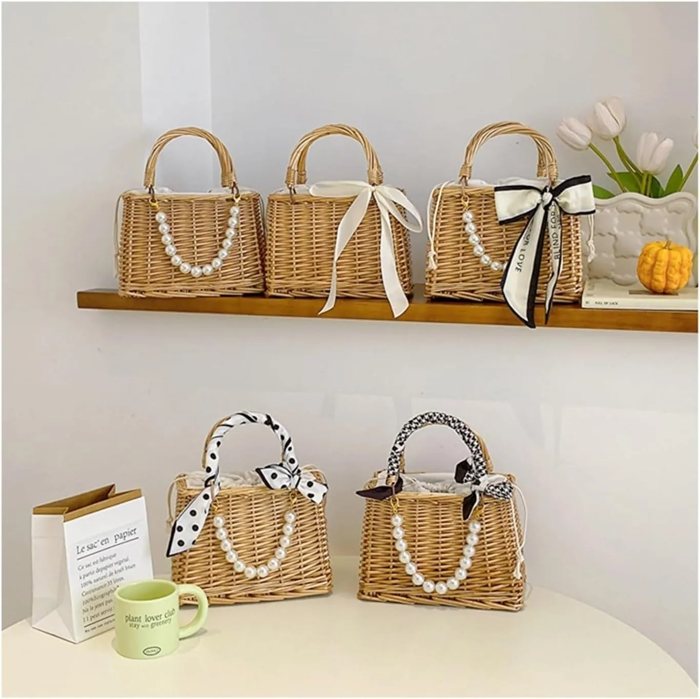 Wicker Tote Bag Woven Rattan Basket Wedding Flower Girl Basket Bohemian Beach Bag Straw Tote Bag Summer Clutch Picnic Basket(Color:Pearl String and Letter Ribbon)