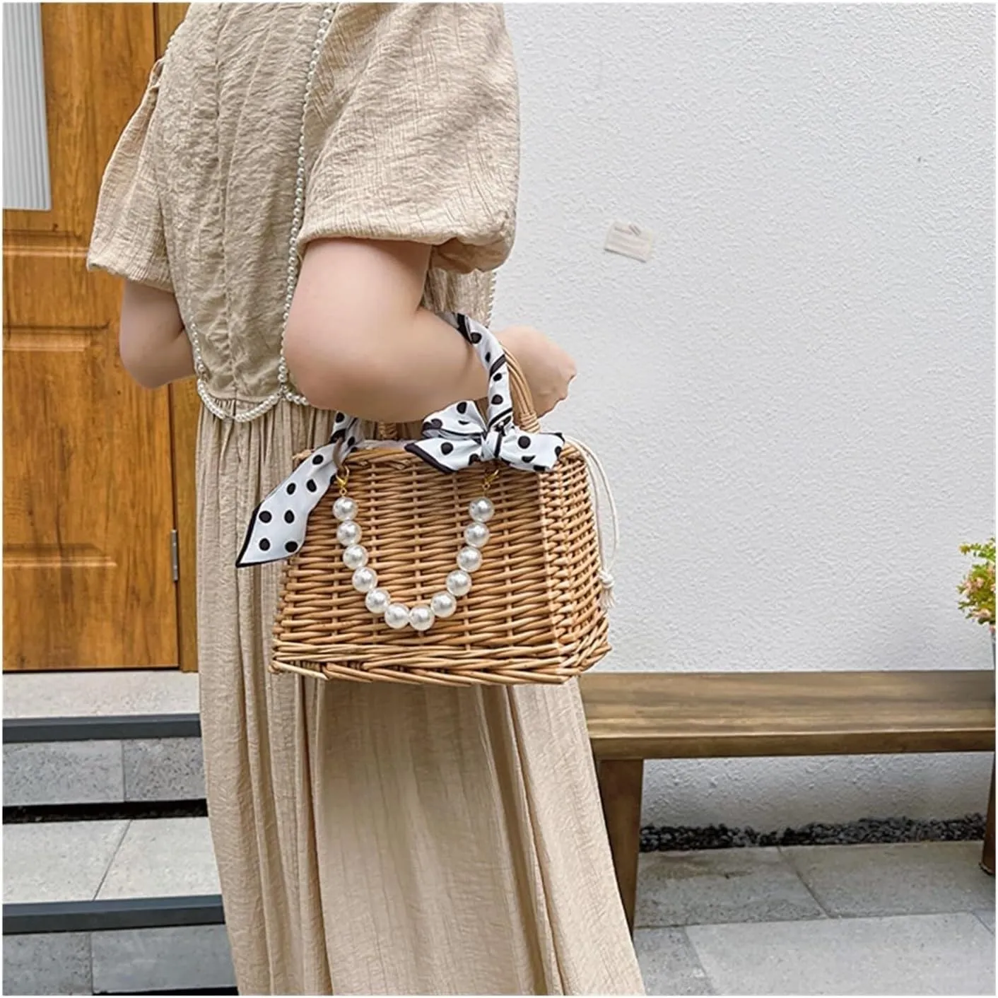 Wicker Tote Bag Woven Rattan Basket Wedding Flower Girl Basket Bohemian Beach Bag Straw Tote Bag Summer Clutch Picnic Basket(Color:Pearl String and Letter Ribbon)